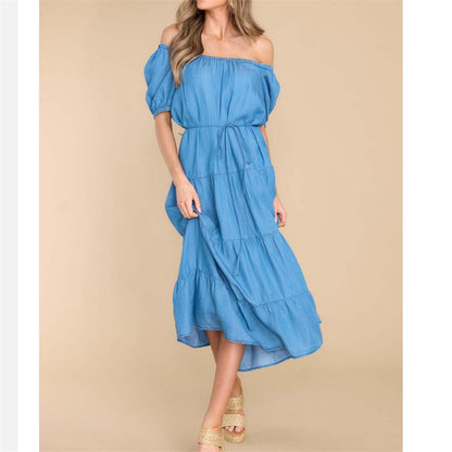 Solid Color Thin Waist Denim Maxi Dress in Blue