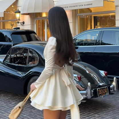 TARUXY Satin Hollow Backless Strappy Long Sleeve Mini Dress For Women Half Turtleneck Sexy Bow Splice Big Hem Party Club Dress
