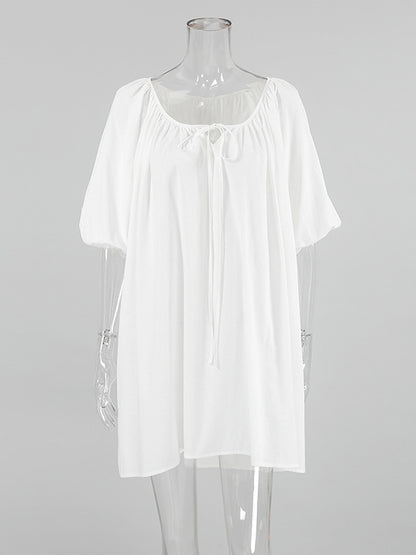 Loose Puff Sleeves Lace-Up Pleated See-Through Solid Color V-Neck Mini Dresses Sleep Dress