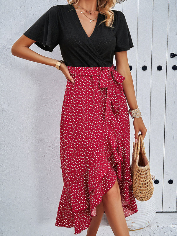 Blue Zone Planet | Contrast V-neck belted ruffle midi dress