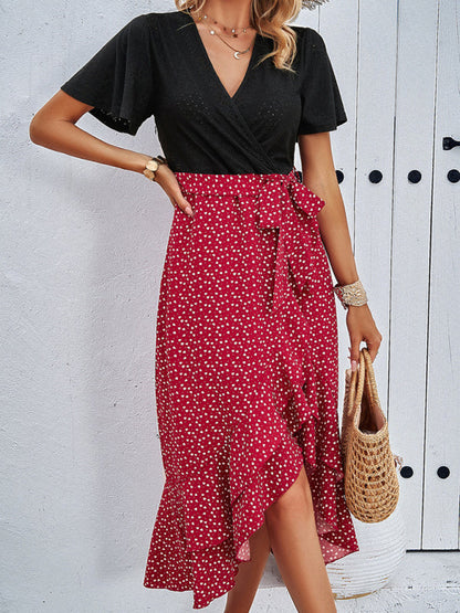 Blue Zone Planet | Contrast V-neck belted ruffle midi dress