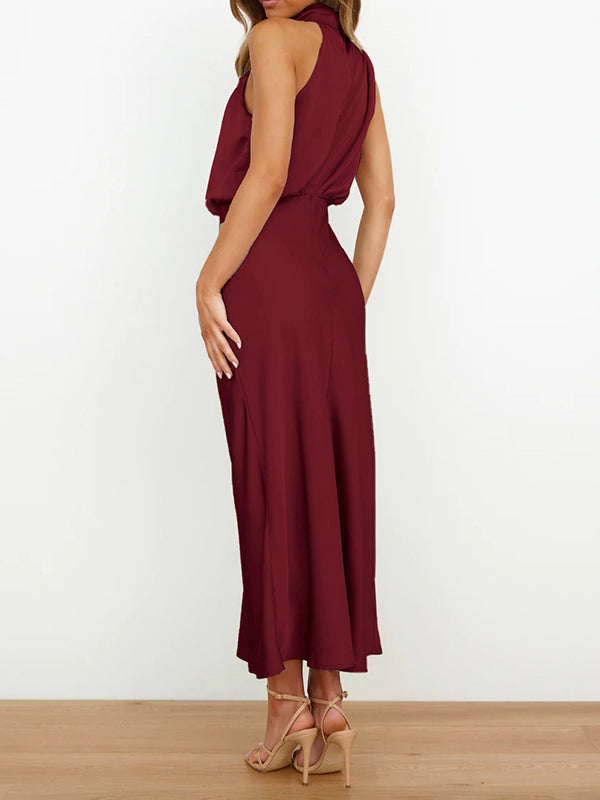 Sleeveless Solid Color Halter-Neck Midi Dresses