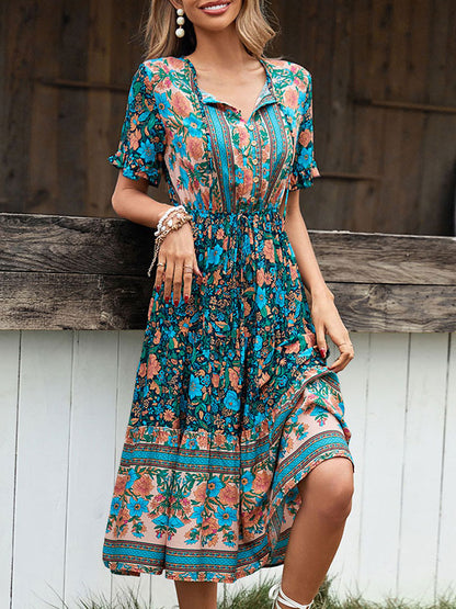 Floral Print Bohemian V-Neck Short Sleeves Midi Dress