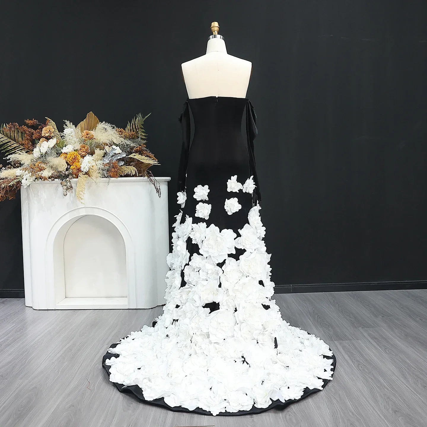 3D Flowers Black Velvet Strapless Evening Dress with Gloves
