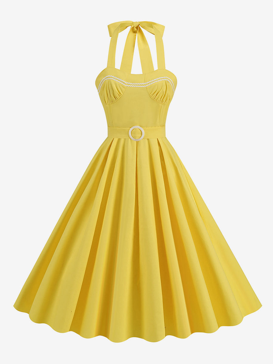 Dress Dot Halter Belted Ring Detail Retro Midi Dress