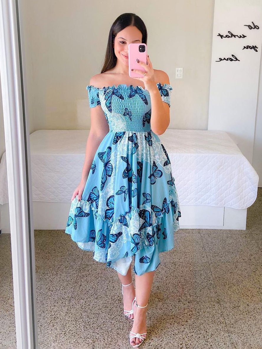 Handkerchief Dress Smocked Floral Off The Shouder Summer Midi Dresses