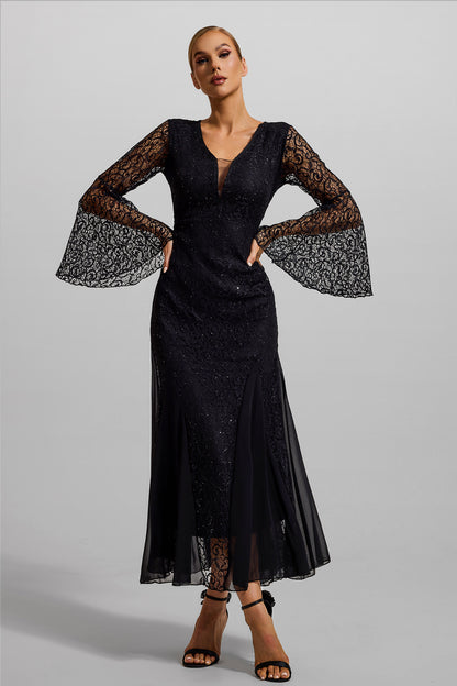 Lace Solid V-Neck Ball Sleeve Midi Dress