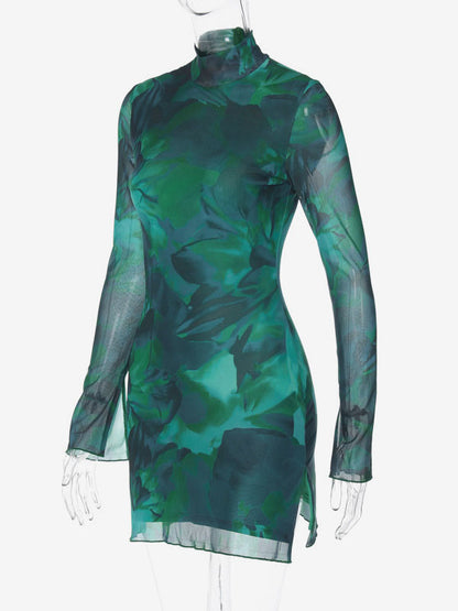 Tie-Dye Bodycon Dress Mock Neck Long Sleeves Slit Tulle Mini Dresses
