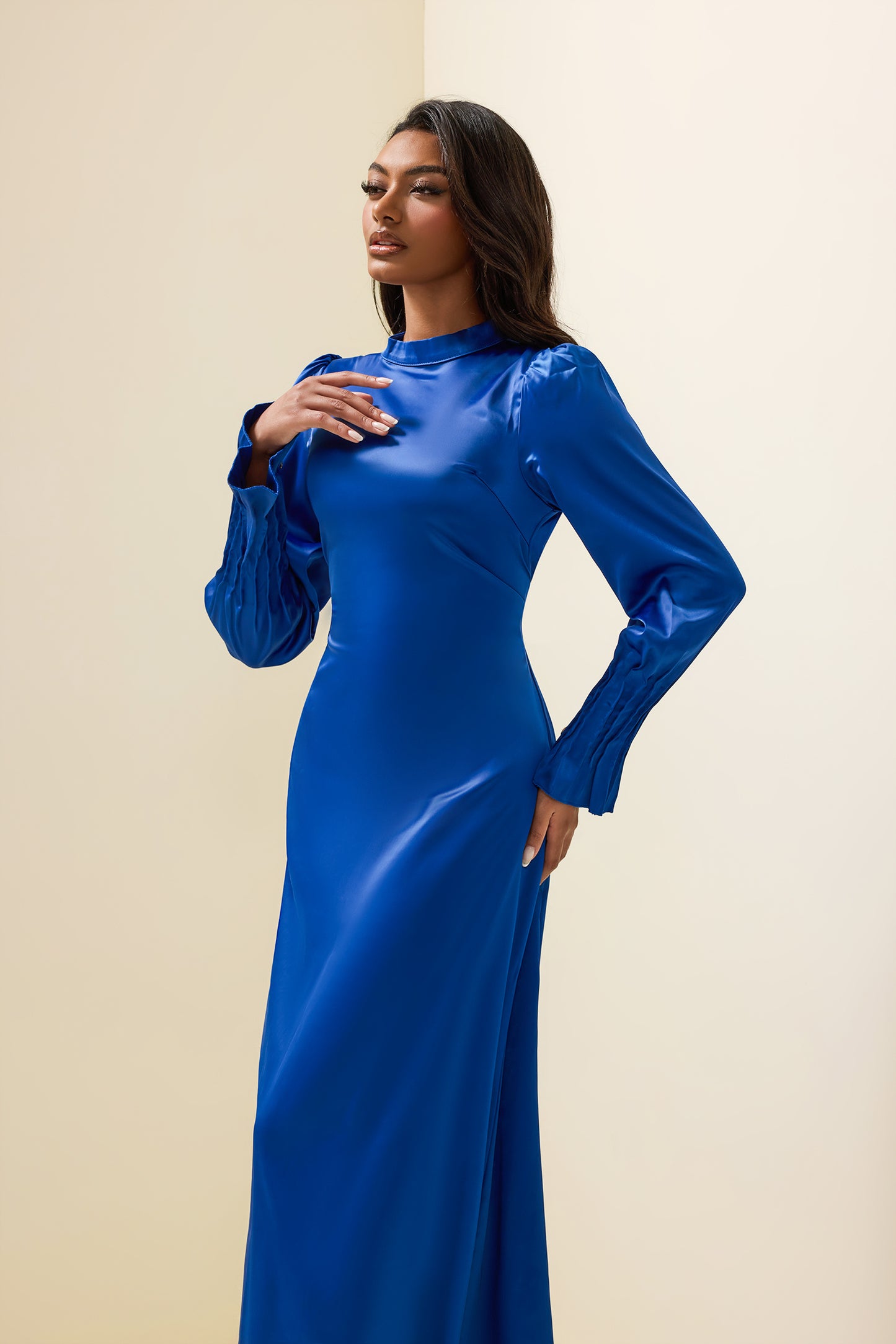 Solid Satin Lantern Sleeve Midi Dress