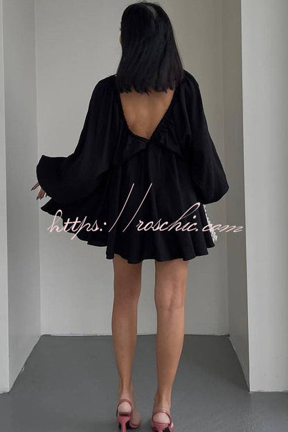 V Neck Puff Sleeve Solid Color Resort Style Mini Dress