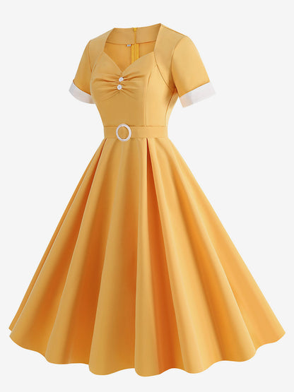 Dress Designed Neckline Short Sleeves Ring Detail Retro Midi Dress