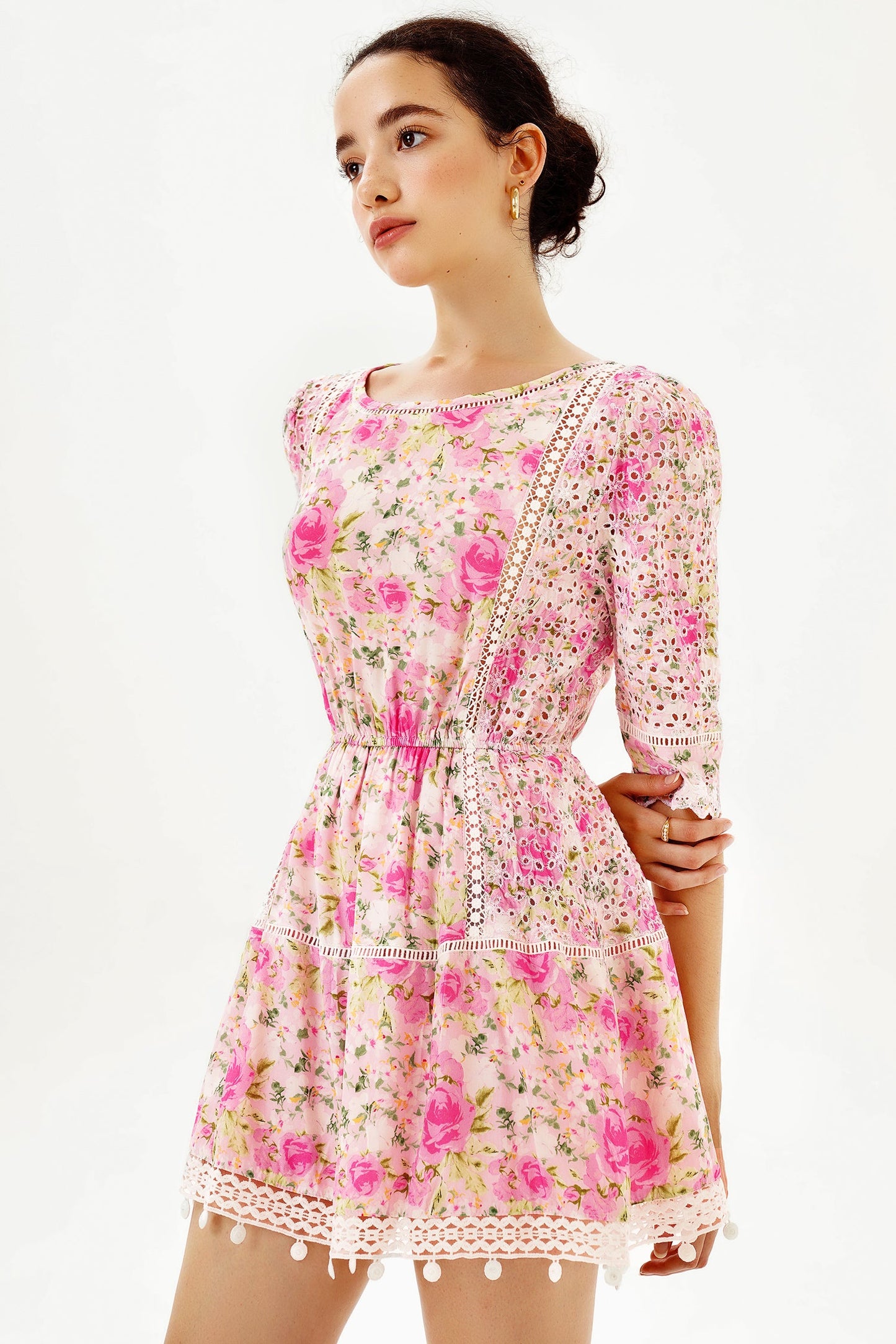 Floral Puff Sleeve Lace Trim Ruffle Mini Dress