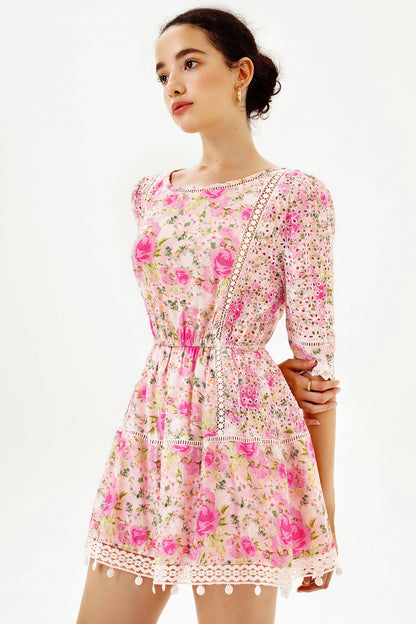 Floral Puff Sleeve Lace Trim Ruffle Mini Dress