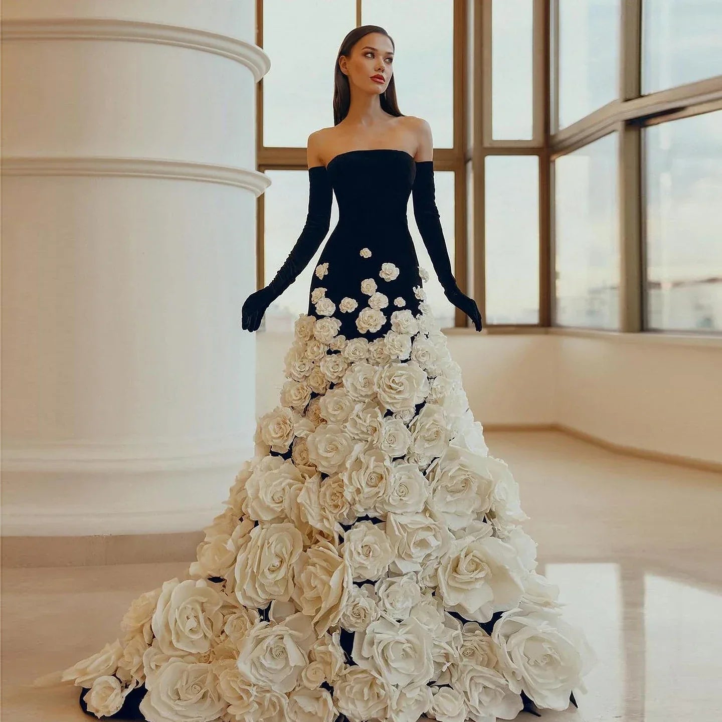 3D Flowers Black Velvet Strapless Evening Dress with Gloves