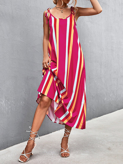 Loose Sleeveless Contrast Color Striped Tied U-Neck Midi Dresses Slip Dress