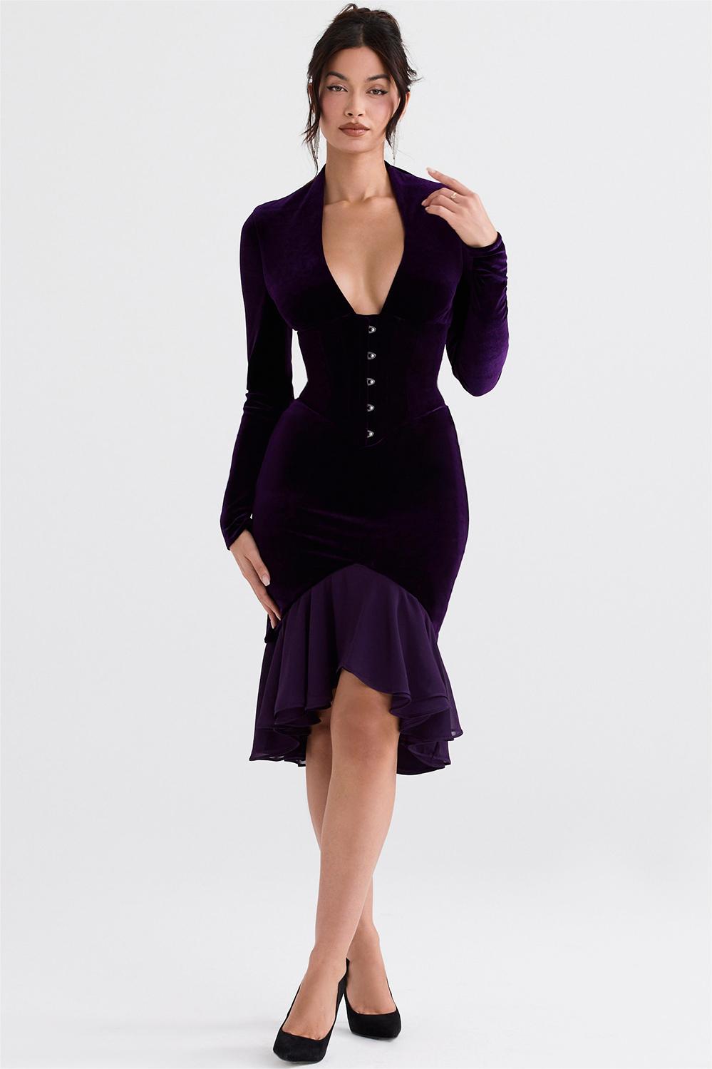 Velvet Solid Long Sleeve Midi Dress