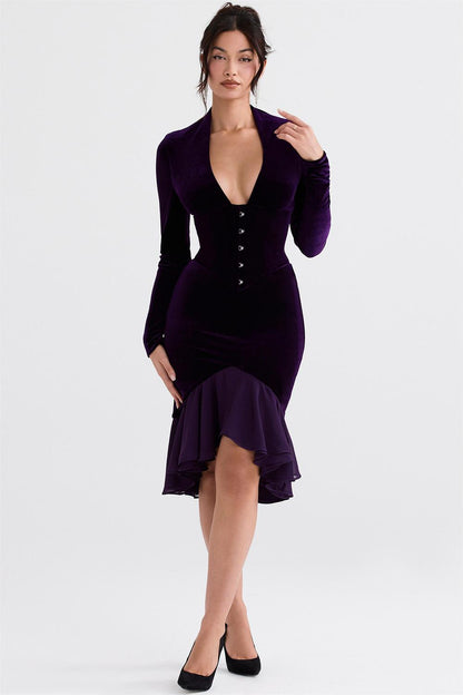 Velvet Solid Long Sleeve Midi Dress