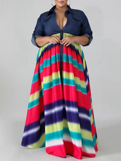 Long Sleeves Loose Buttoned Contrast Color Elasticity Printed Split-Joint Lapel Maxi Dresses