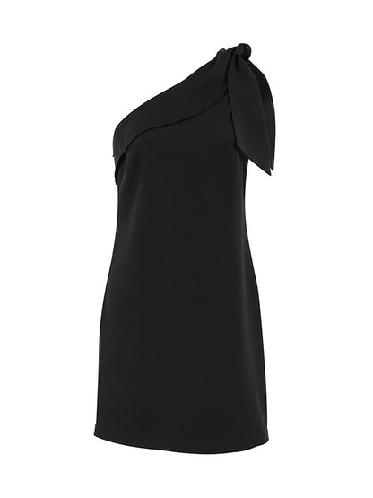 Loose Sleeveless Solid Color Split-Joint Tied Zipper One-Shoulder Mini Dresses