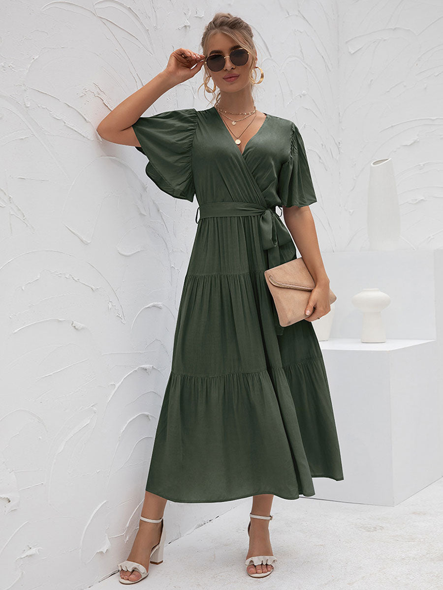 V-Neck Maxi Dress Short Sleeves Casual Layered Floor Length Dress
