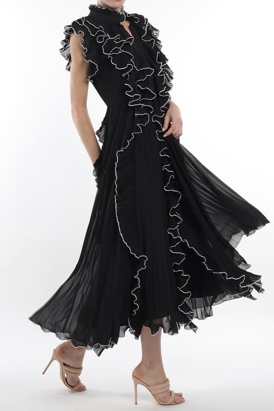 V-Neck Frill Sleeveless Solid Midi Dress