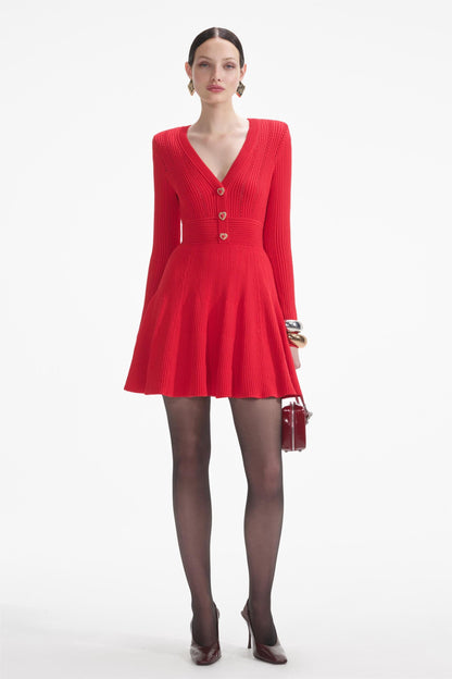 Knit  Metal Button Long Sleeve Mini Dress