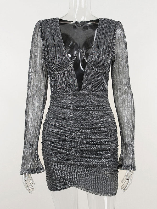 Textured Mini Dress Plunge Faux Wrap Skirt Ruched Birtyday Party Dresses