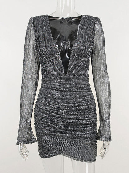 Textured Mini Dress Plunge Faux Wrap Skirt Ruched Birtyday Party Dresses