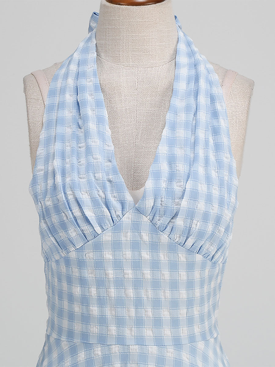 Light Sky Blue Dress Plaid Halter Backless Pleated Retro Midi Dress