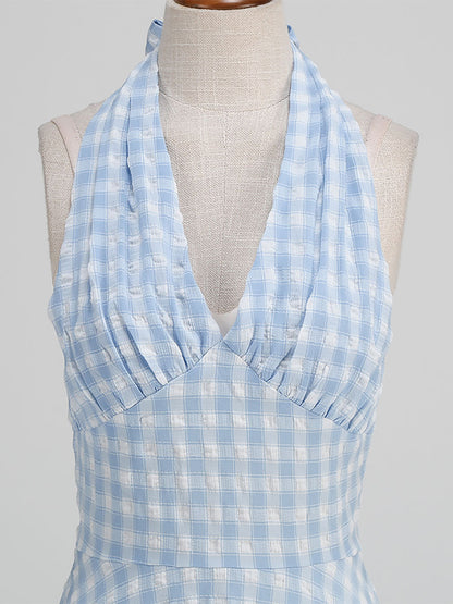Light Sky Blue Dress Plaid Halter Backless Pleated Retro Midi Dress