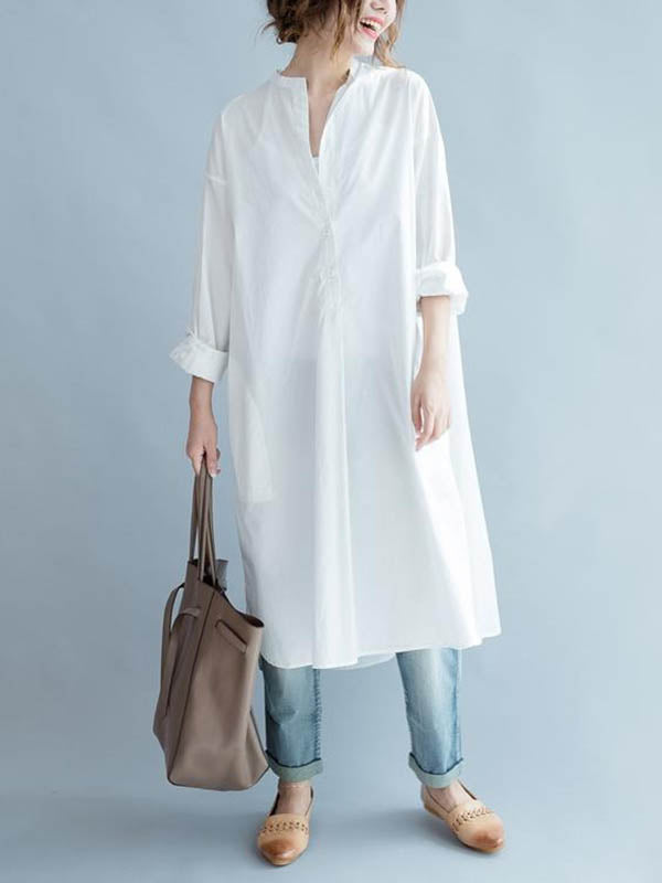 High-Low Long Sleeves Buttoned Solid Color Split-Side Lapel Midi Dresses Shirt Dress