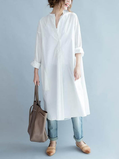 High-Low Long Sleeves Buttoned Solid Color Split-Side Lapel Midi Dresses Shirt Dress