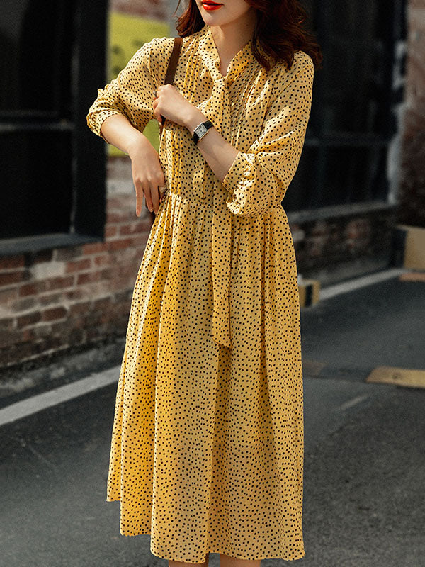 A-Line High Waisted Polka-Dot Tied Mock Neck Midi Dresses