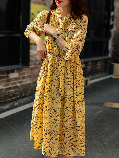 A-Line High Waisted Polka-Dot Tied Mock Neck Midi Dresses