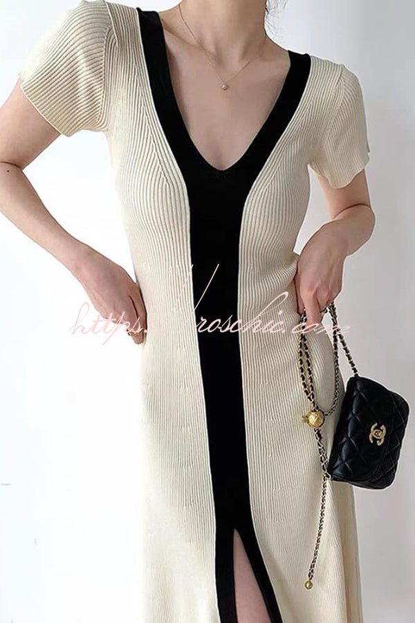 Fashionable V-neck Slim Fit Waist Knitted Midi Dress