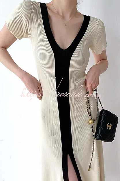 Fashionable V-neck Slim Fit Waist Knitted Midi Dress