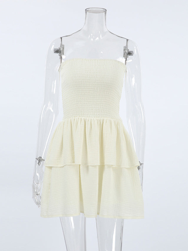 Summer Dress Mini Dresses Ecru White Strapless Pleated Cotton Beach Dress