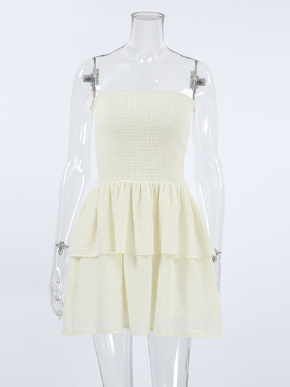 Summer Dress Mini Dresses Ecru White Strapless Pleated Cotton Beach Dress