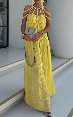 Pleated Cord Cage Neckline Cold Shoulder Maxi Dress