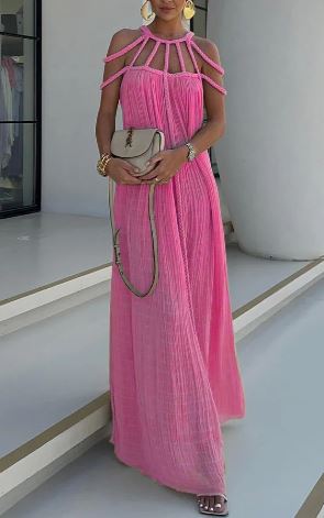 Pleated Cord Cage Neckline Cold Shoulder Maxi Dress