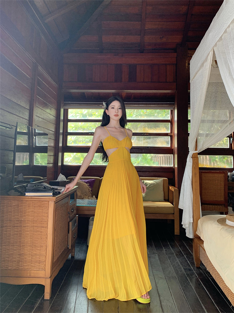 Dopamine Yellow Spaghetti Strap Maxi Dress – Sexy Backless Vacation Outfit