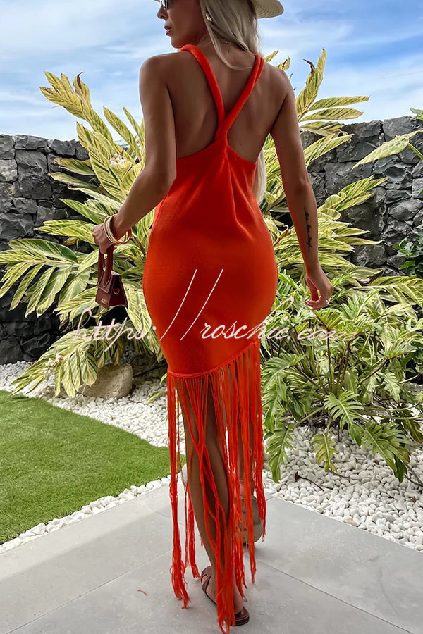 Summer Mood Knit Fringed Hem Back Cross Beach Vacation Maxi Dress