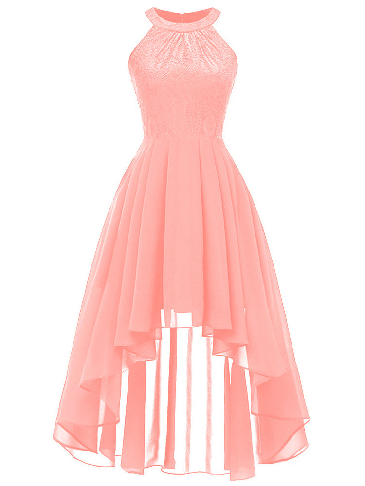 Irregular Dress Chiffon Skirt Lace Bodice High Low Sleeveless Midi Dresses