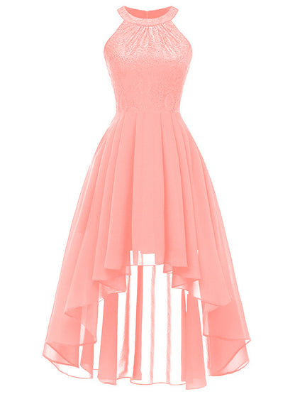 Irregular Dress Chiffon Skirt Lace Bodice High Low Sleeveless Midi Dresses