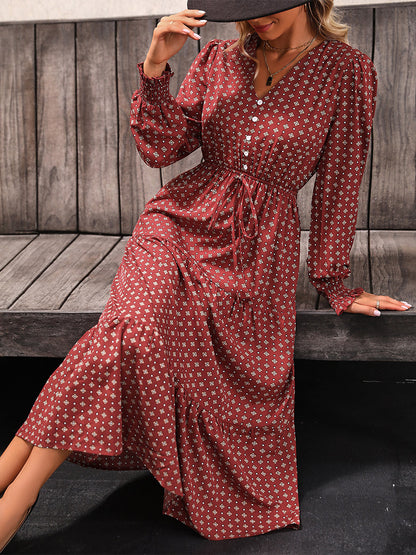 Printed Tiered Midi Dress V-Neck Buttoned Relaxed Vintage Dresses