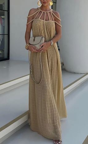 Pleated Cord Cage Neckline Cold Shoulder Maxi Dress