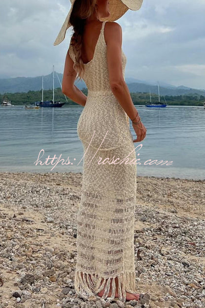 Sexy Cutout Slim Fit Fringed Hem Knitted Maxi Dress