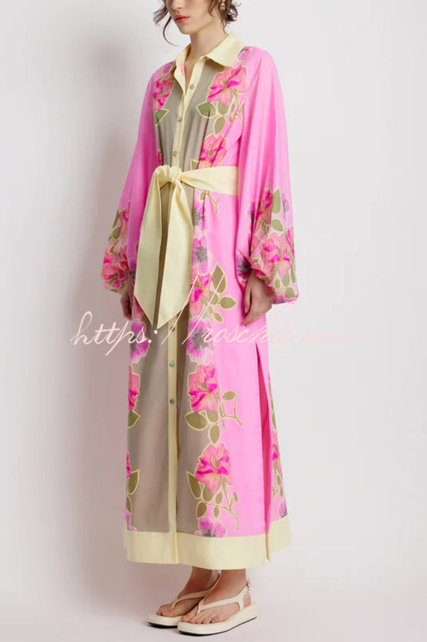 Linen Blend Floral Print Casual Cardigan Lace-up Maxi Dress