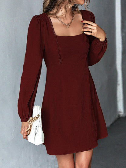 A-Line High Waisted Solid Color Split-Joint Square-Neck Mini Dresses