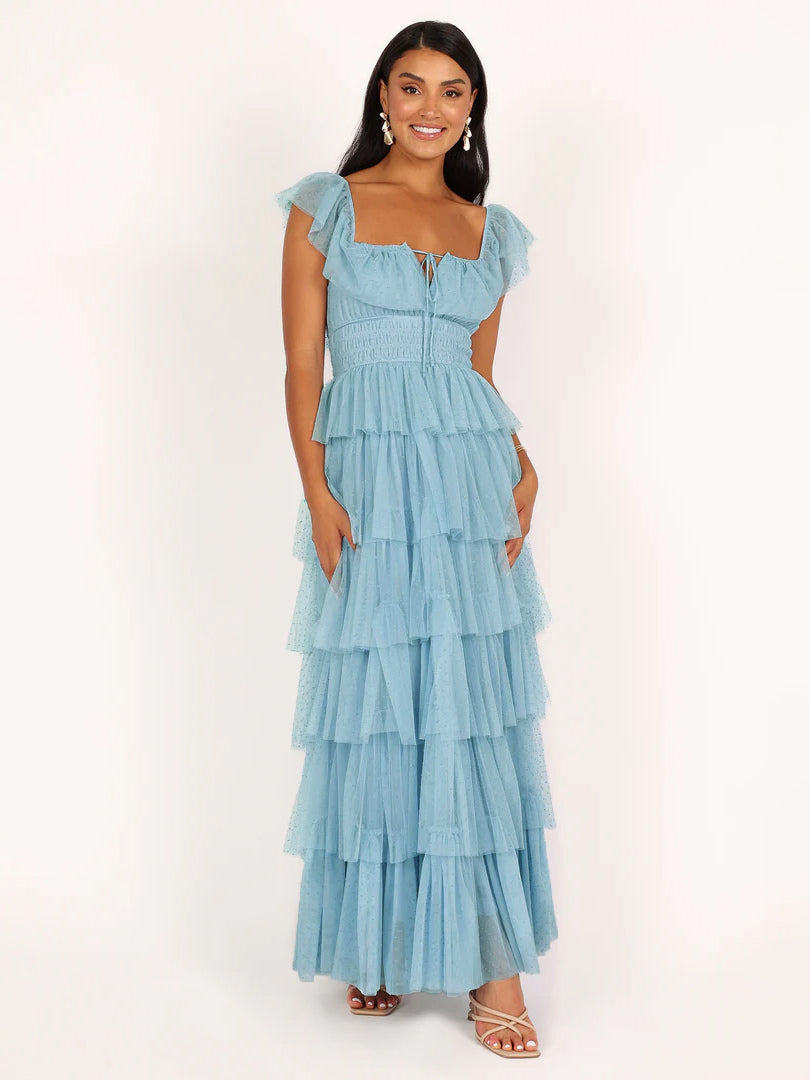 Layered Dress Cap Sleeves Sqaure Neck Elegant A-Line Prom Maxi Dresses